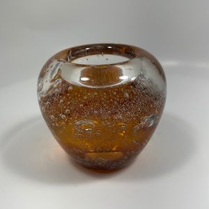 Vtg Hand Blown Glass Amber To Clear Bubble Votive Tea Light Candle Holder